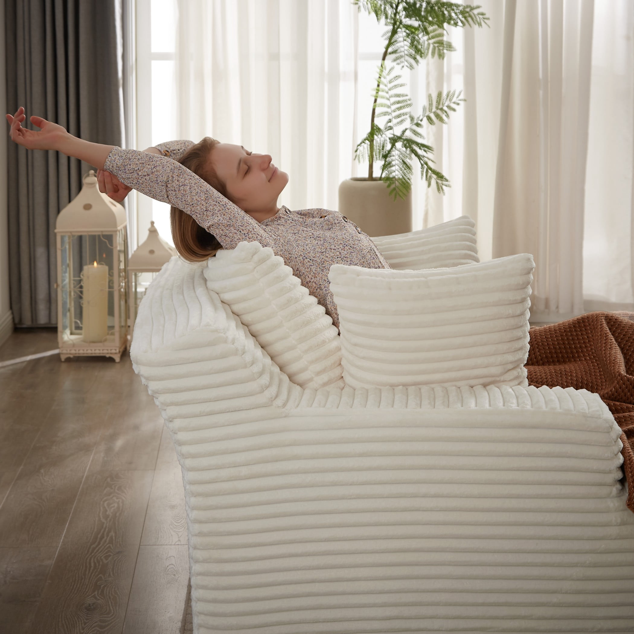 Aukfa 66" Oversized Chaise Lounge Indoor, Corduroy Sleeper Sofa Bed, Upholstered Couch, No Assembly Required for Living Room, Bedroom, White