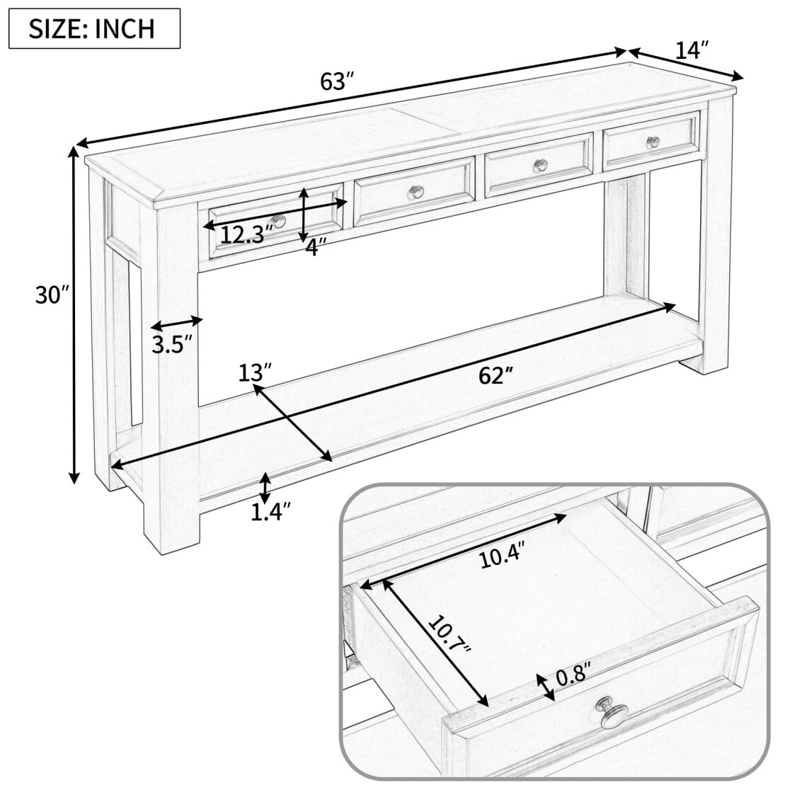 Solid Wood Console Table With 4 Drawers And 1 Bottom Shelf For Entryway, Hallway, Easy Assembly, 63 Inch Long Sofa Table ,Gray Wash