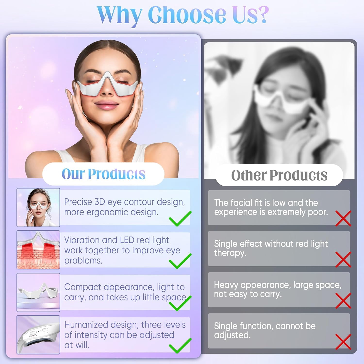 Under Eye Light Therapy Glasses, Beauty Device with Eye Massage, Eye LED Red Light Beauty Device for Reduce Dark Circles Puffiness Wrinkles Relax Eye Strain
