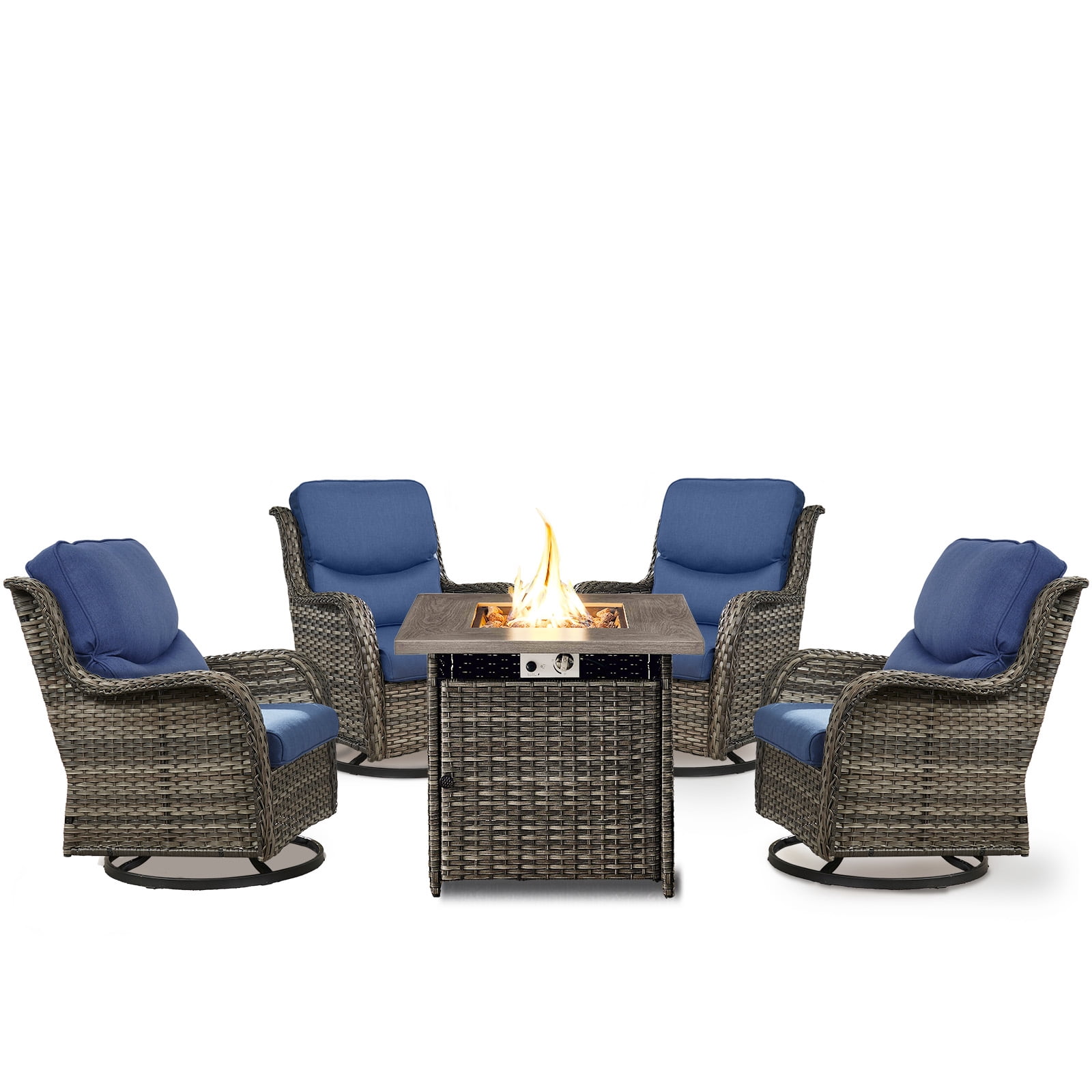 OPOHORO Swivel Outdoor Chair Set of 4 with 30" Propane Fire Pit Table, Patio Furniture Set with Firepit Brown Wicker High Back Patio Swivel Chairs for Garden Balcony Porch - Gray/Blue