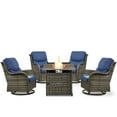 thumbnail image 2 of OPOHORO Swivel Outdoor Chair Set of 4 with 30" Propane Fire Pit Table, Patio Furniture Set with Firepit Brown Wicker High Back Patio Swivel Chairs for Garden Balcony Porch - Gray/Blue, 2 of 11