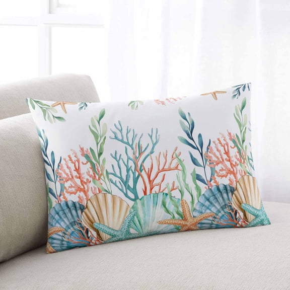 Marine Life Throw Pillow Covers, Nautical Underwater Coral Shell Starfish Watercolor Soft Breathable Pillow Cases with Invisible Zipper, Standard Pillowcases for Couch Bed Sofa Chair 20x26 Inches