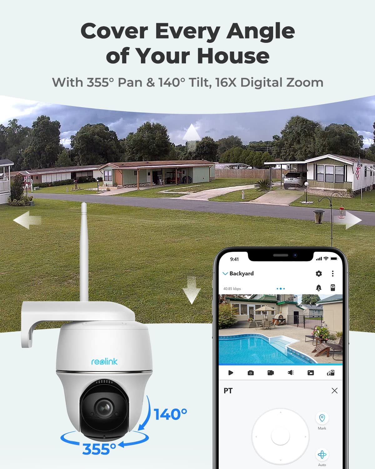 Reolink Argus PT Black Solar Panel, 2K Wifi Security Camera Wireless Outdoor, Pan Tilt Night Vision, Support Google Assistant/Alexa