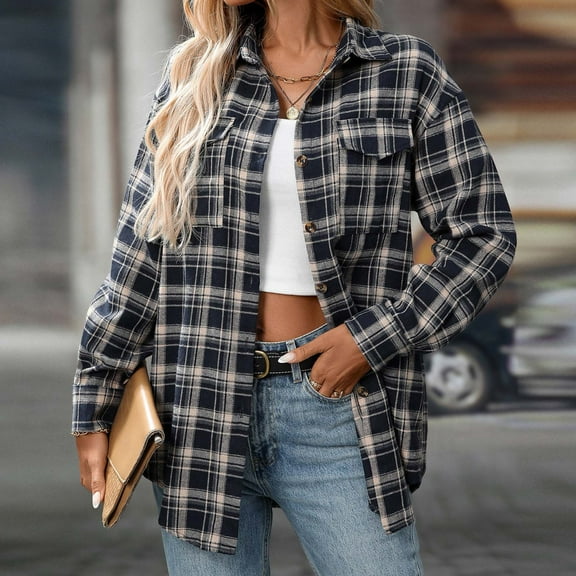 Ounisa Women's Casual Plaid Flannel Shacket Jacket Oversized Button down Long Sleeve with Pocket Fall Shirts Jacket Lapel Coats Tops