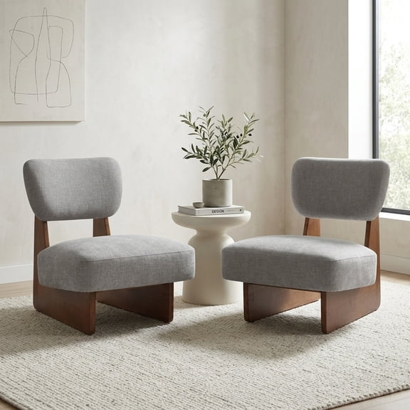 [Set of 2] Modern Grey Lounge Accent Chair with Polyester Upholstery and Walnut Wood Base