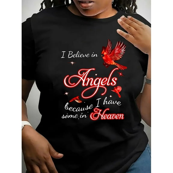 1pc Angel Believer Red Cardinal Bird Print T-Shirt, Women'S Casual Crew Neck Short Sleeve Top, Medium Stretch Polyester Knit, Fashionable All-Season Tee