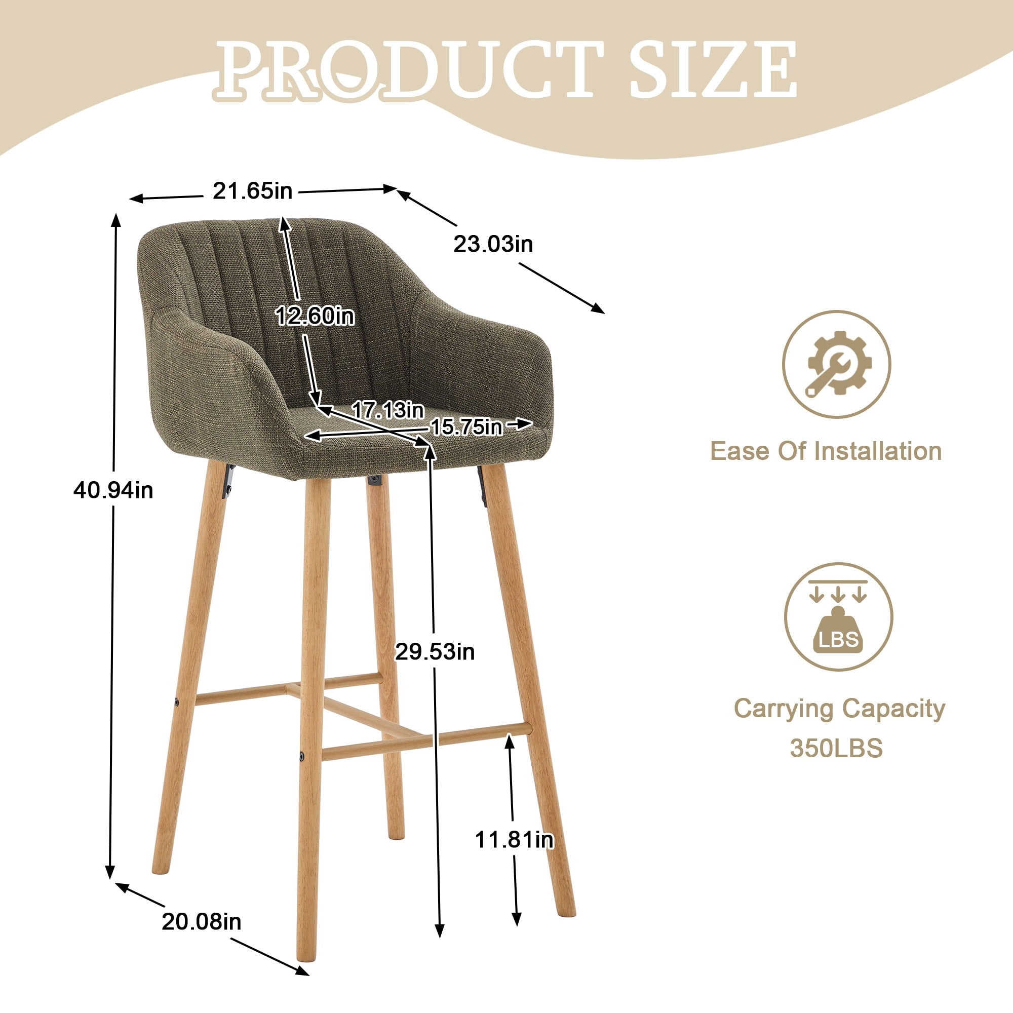 Sailvan Set of 2 Modern Bar Stools,Linen Upholstered Kitchen Island Chairs with Back & Arms,Solid Wood Legs Tall Counter Stools Green