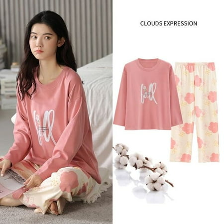 

QWZNDZGR Spring Autumn New 100%Cotton Elegant Women s Pajama Sets Pyjamas Cartoon Print Sleepwear Long Pijama Mujer Nightsuit Home Lounge