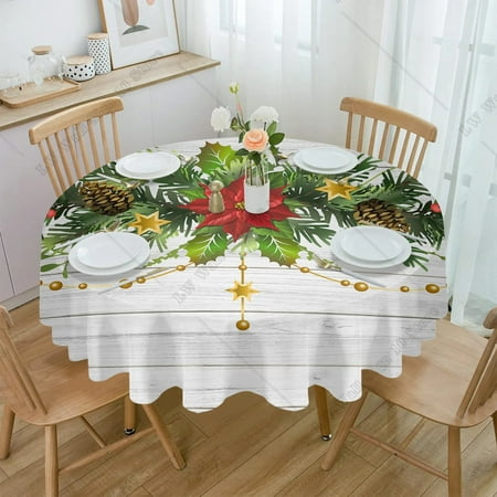 

Christmas Pine Needle Wreath Wood Grain Round Tablecloth Wedding Hotel Table Cover Holiday Dining Table Waterproof Tablecloth