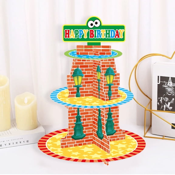 3‑Tier City Street Brick Themed Cardboard Cupcake Stand, Disposable Dessert Tower with Happy Birthday Topper, Kids Birthday Party Table Decorations