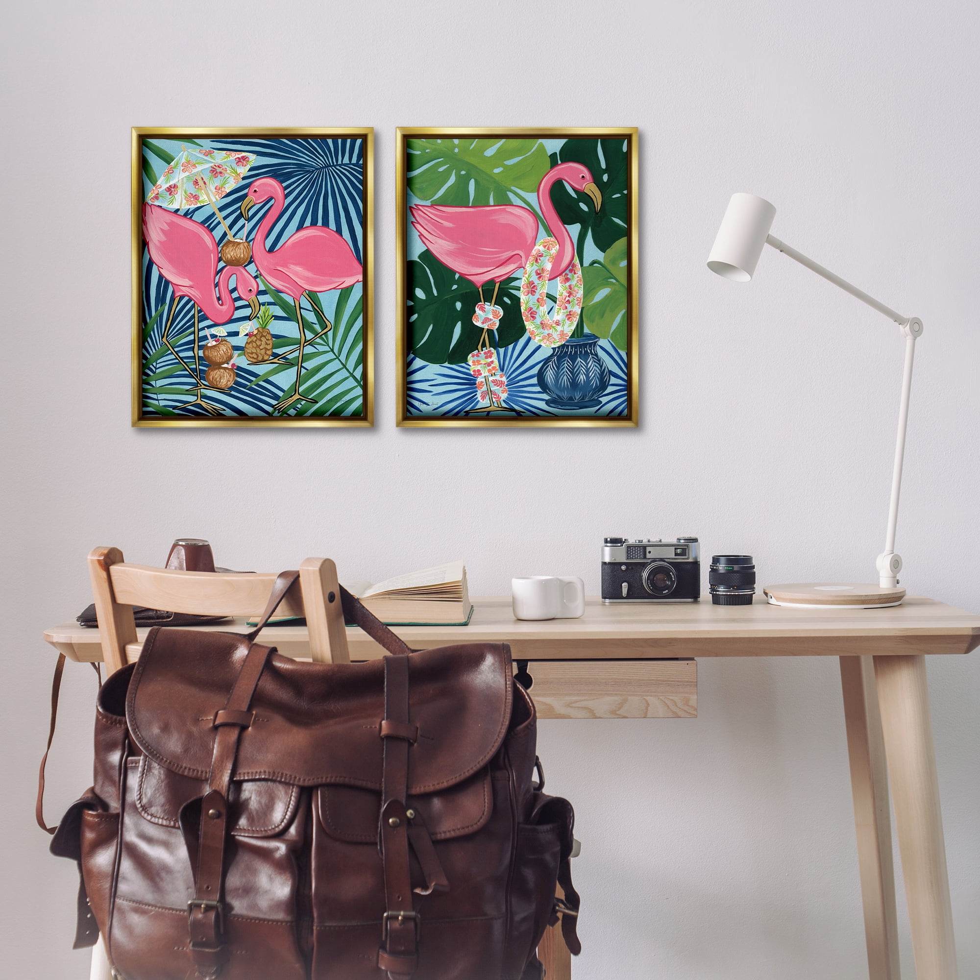 Stupell Industries Happy Hour Flamingos Animals Painting Gold Floater Framed Canvas Art Print Wall Art, 17 x 21, Set of 2