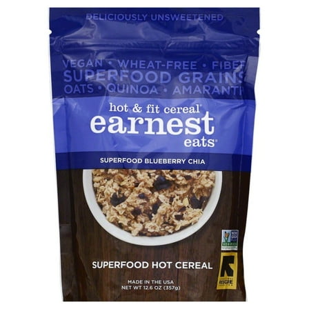 Earnest Eats Vegan Hot Cereal, Superfood Blueberry Chia Blend, 12.6 Oz, 6 Ct