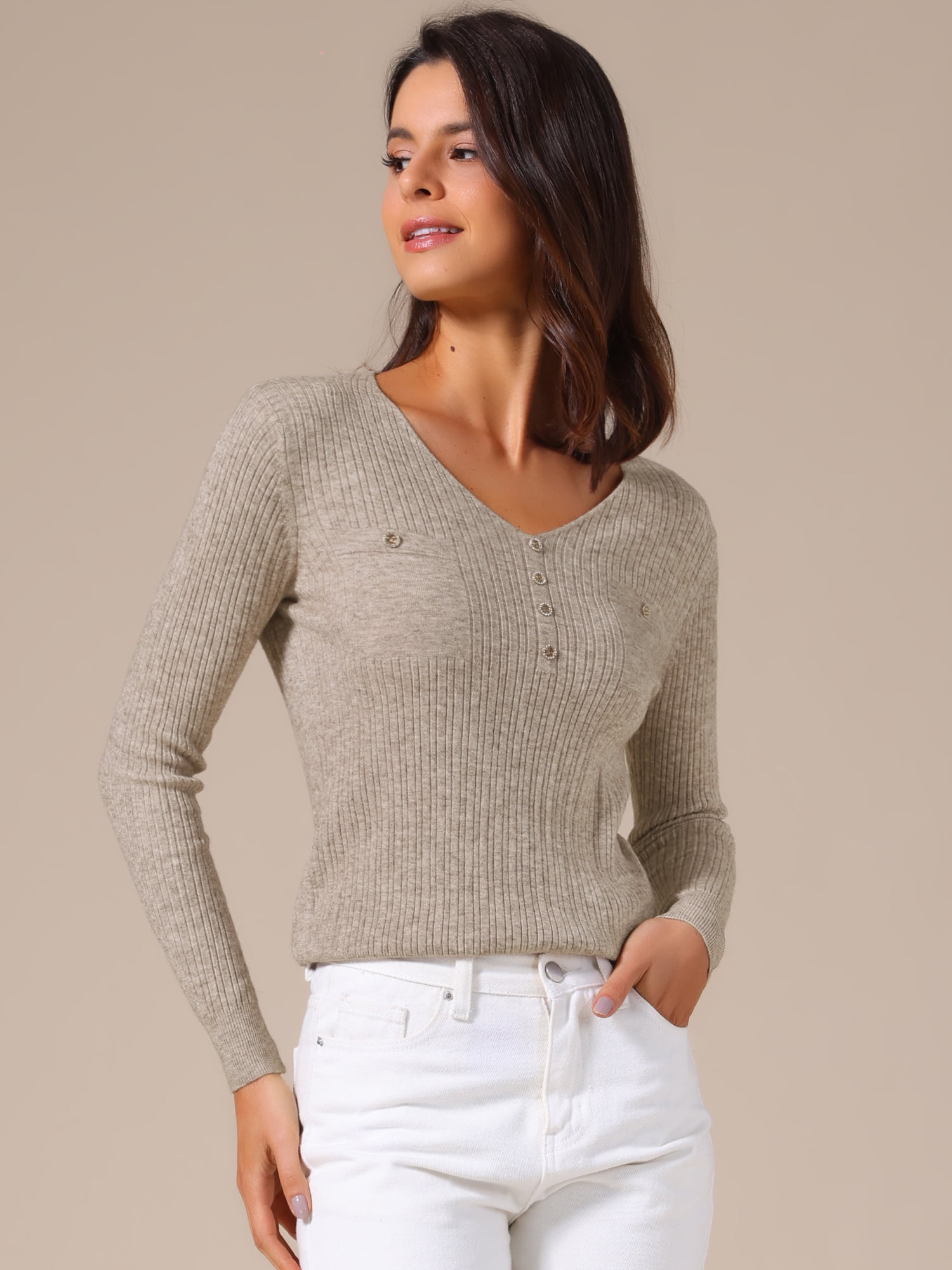 DARING DIVA Women's Long Sleeve Button Decor V Neck Ribbed Knit Sweater XL Khaki