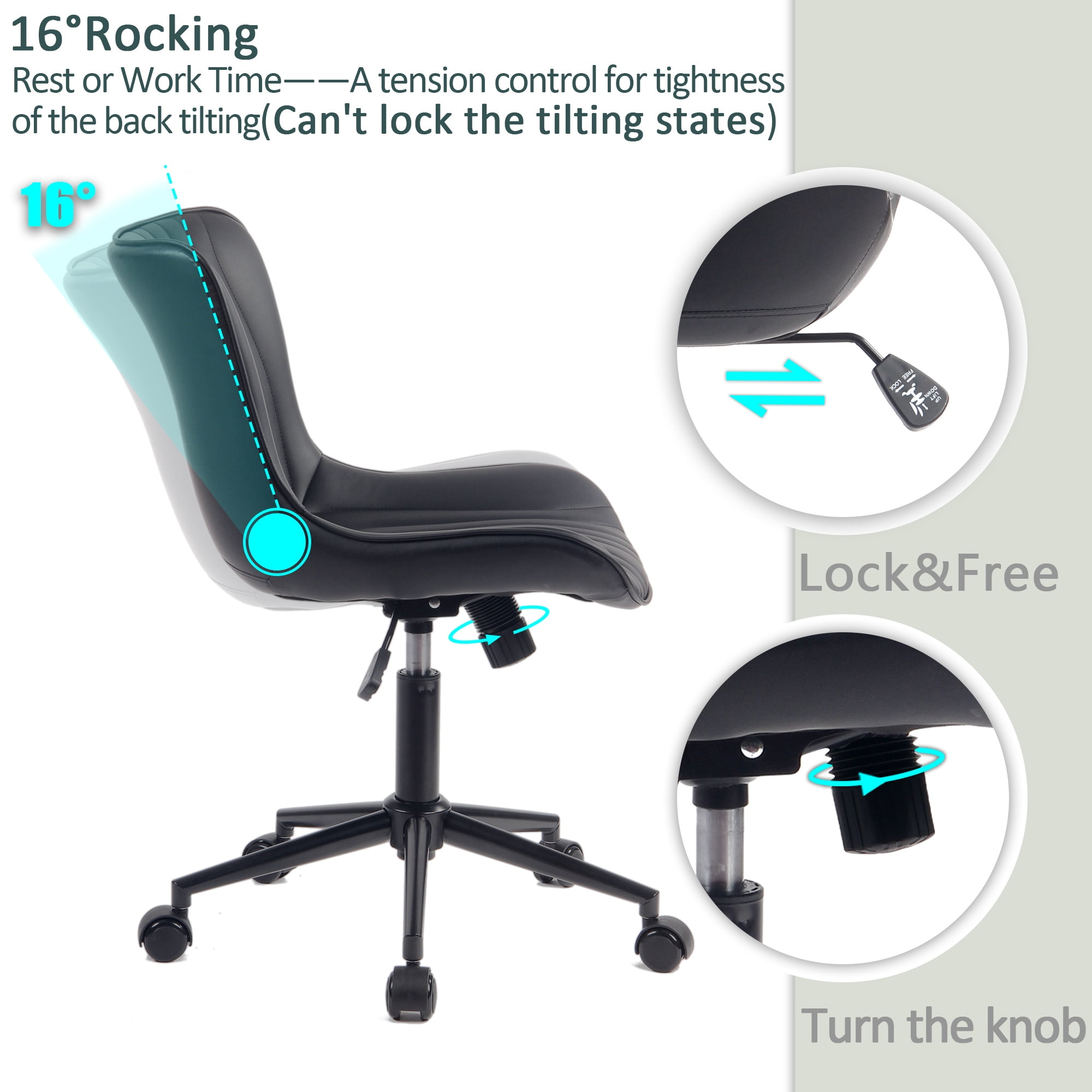 YOUNIKE Modern Office Chair with Wheels Adjustable Ergonomic Desk Task Chair in Mid-Back Black PU Design