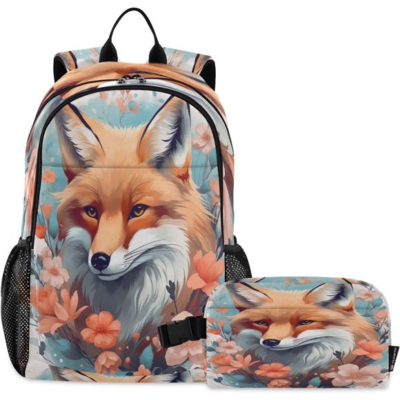 Red Fox Flowers School Backpack for Boys and Girls Lightweighted Backpack and Lunch Bag Set Book Bag for Primary Work Travel