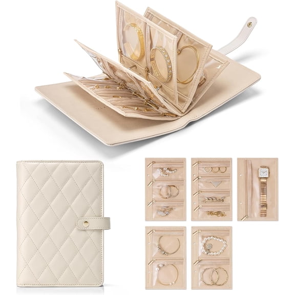 Vlando Travel Jewelry Organizer Box, featuring a book-style design with transparent zippered velvet jewelry pouches, perfect for storing rings, necklaces, and earrings.