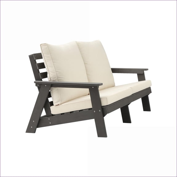 Outdoor Loveseat, Modern HIPS Wood Grain Cushioned Sofa for Porch Poolside Terrace Yard, Slate Gray | Grey | Solid Back