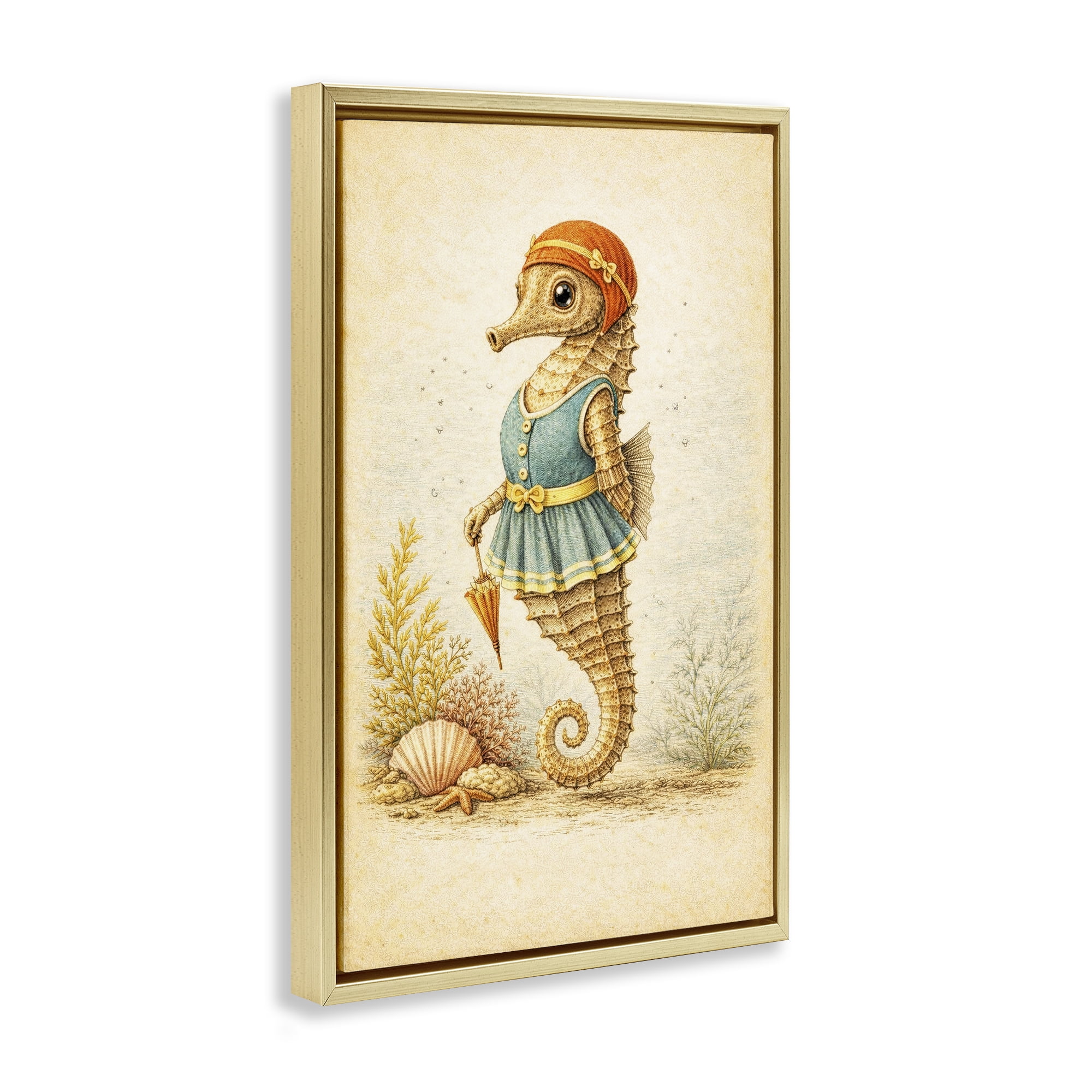 Stupell Industries Maritime Bathing Society Seahorse Gold Framed Floater Canvas Wall Art, design by Grotto Studios