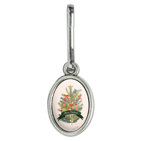Merry Christmas Decorated Pine Tree Antiqued Oval Charm Clothes Purse Suitcase Backpack Zipper Pull Aid