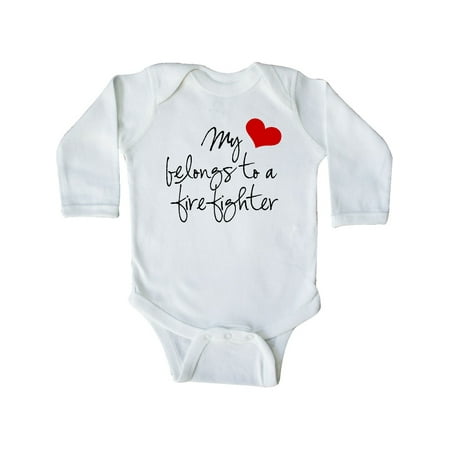 

Inktastic My Heart belongs firefighter Gift Baby Girl Long Sleeve Bodysuit