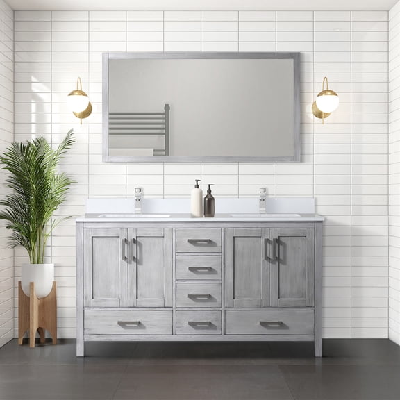 Distressed Grey Double Bath Vanity 60" X 22", Cultured Marble, 58" Mirror, Soft Close, Copious Storage Options Available 60 In. W Bathroom With Marble Surface & 58 Plentiful Alternatives Presented
