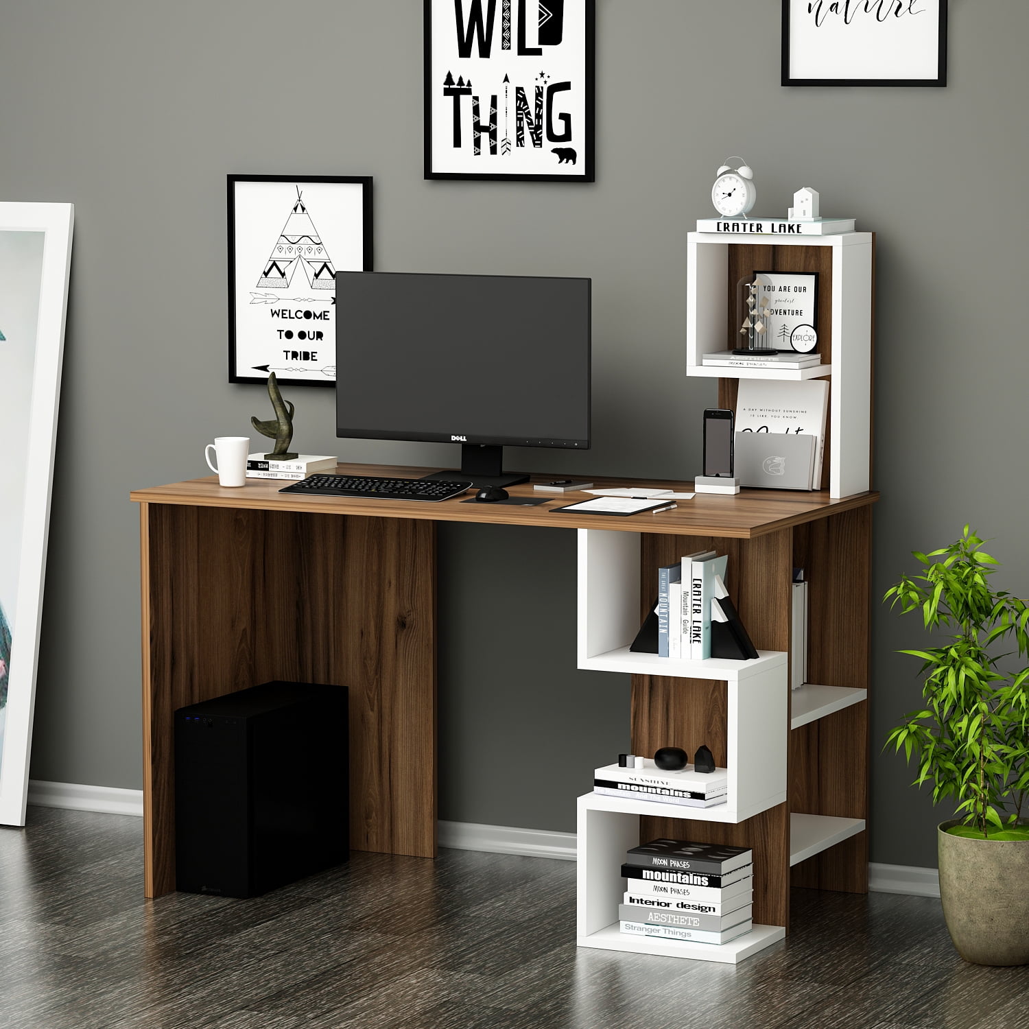 HOMIDEA DERONI Writing Desk - Computer Workstation - Home Office Desk -  Writing Table with Shelves in Modern Design (Avola/White)