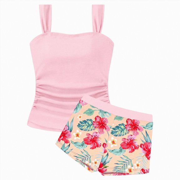 TAmten Toddler Girl Swimsuit 3t One Piece Tween Girls Tankini Swimsuit 2 Piece Bathing Suit Criss Cross Ruched Girl Swimwear with Chest Pad Pink Size 15-16Years