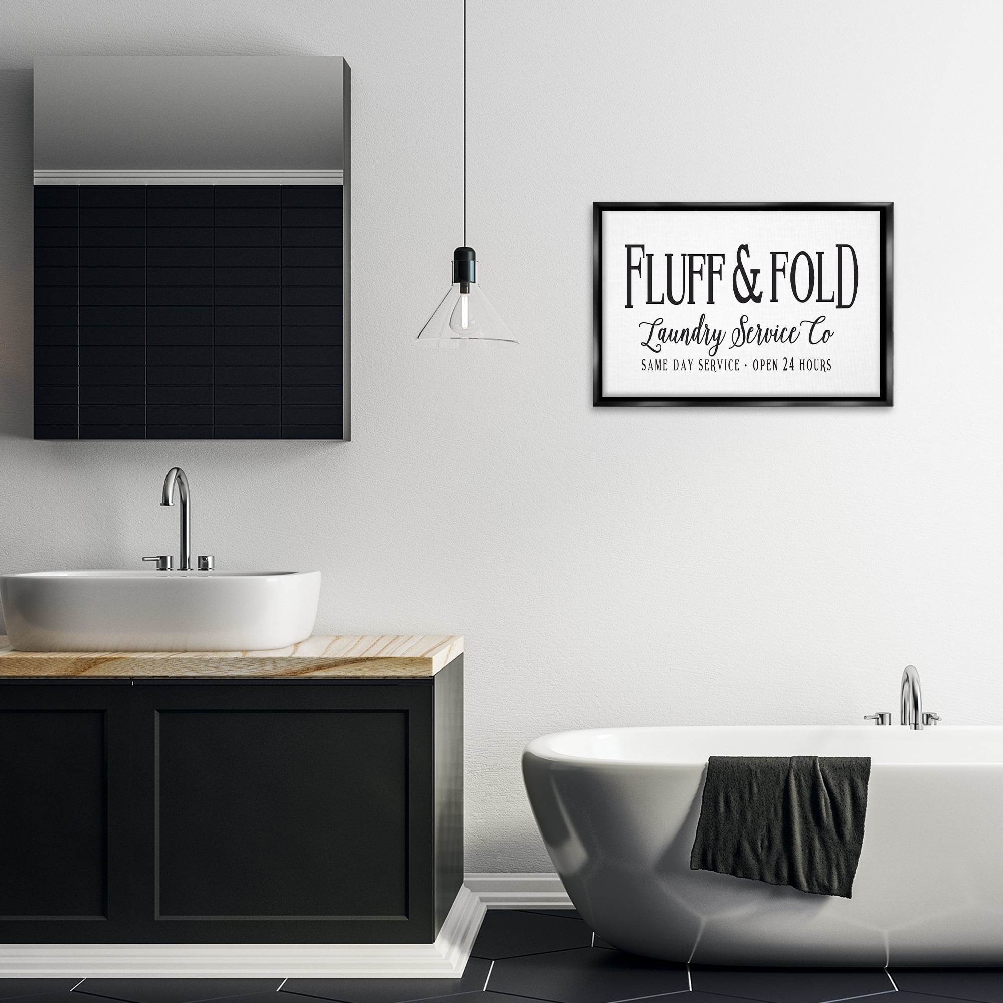 Stupell Industries Fluff & Fold Laundry Bath & Laundry Painting Black Floater Framed Canvas Art Print Wall Art, 25 x 17