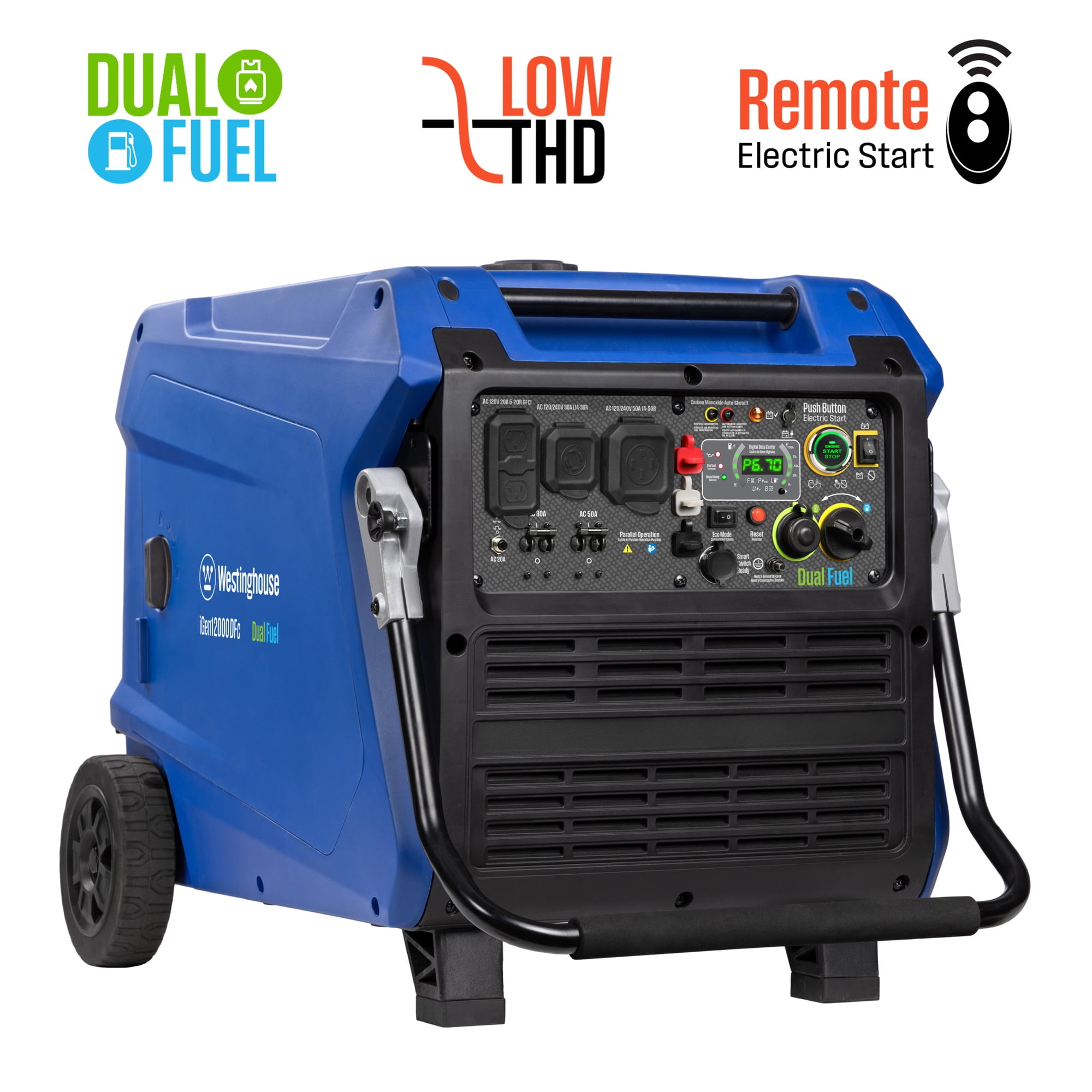 Westinghouse 12,000 Peak Watt Portable Inverter Generator, Dual Fuel, Remote Start with CO Sensor