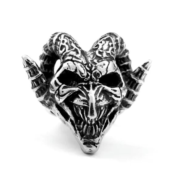 HOOUN Crooked Ram Horn Joker Skull Ring Stainless Steel Gothic Satan Smile Skull Ring-8