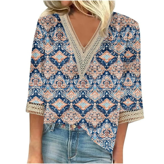 CYMMPU Tunic Tops 3/4 Sleeve Flower Printed Loose Fit Spring Tops Blouses for Women Dressy Casual Fall Fashion Shirts Lace V Neck Business Elegant Work Topss Blue S