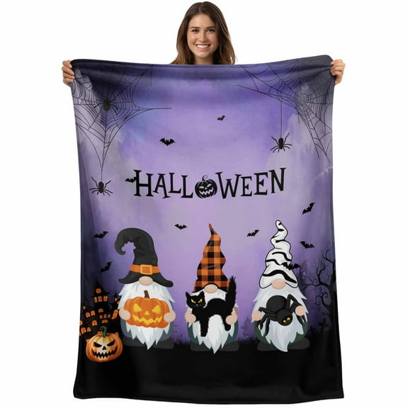 Gnomes Halloween Throw Blankets, Purple Pumpkin Black Cat Bat Soft Fleece Blanket Decorative for Home Sofa Couch Chair Living Bedroom, 40x50 inches,