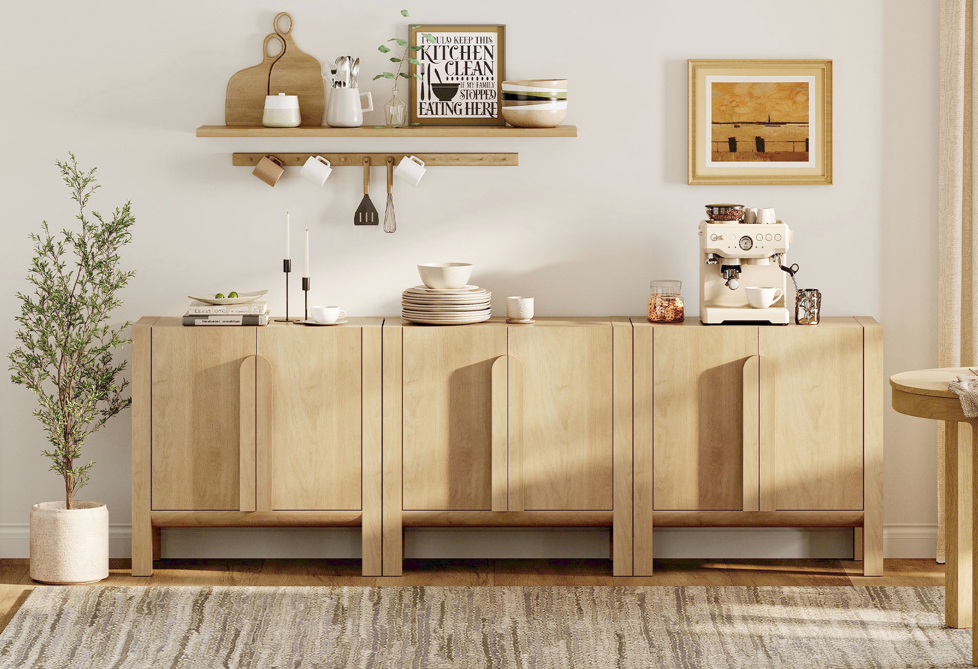 Mid-Century Modern 94.5" Sideboard Buffet Cabinet with Storage, 3-In-1 Wood Credenza with 6 Doors and Adjustable Shelves for Kitchen Living Room, Dining Room