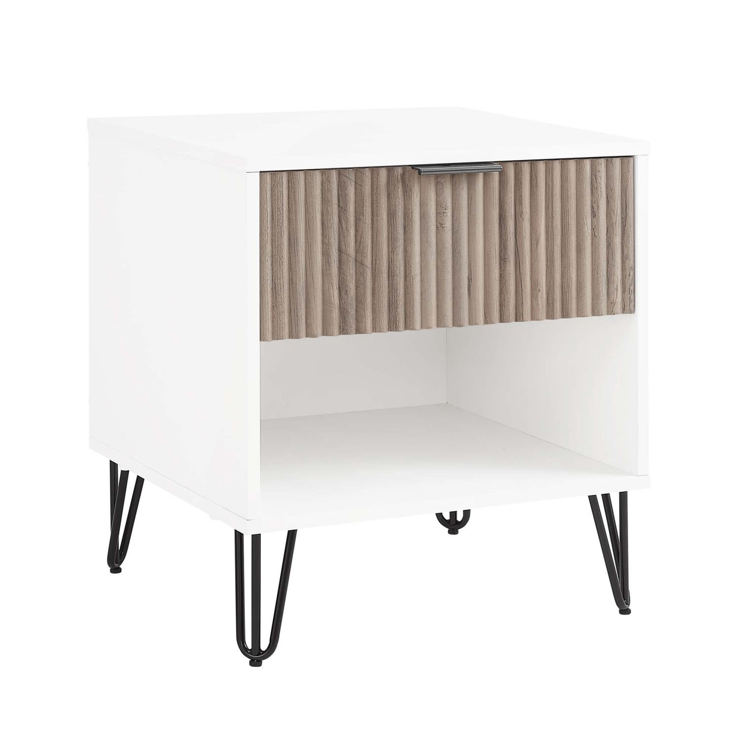 Nightstand, Modern Glam Bedside Table with 1 Drawer, Vertical Ribbed Texture, Gold Handle and Splayed Metal Legs, Storage End Table for Bedroom Living Room, Grey & White