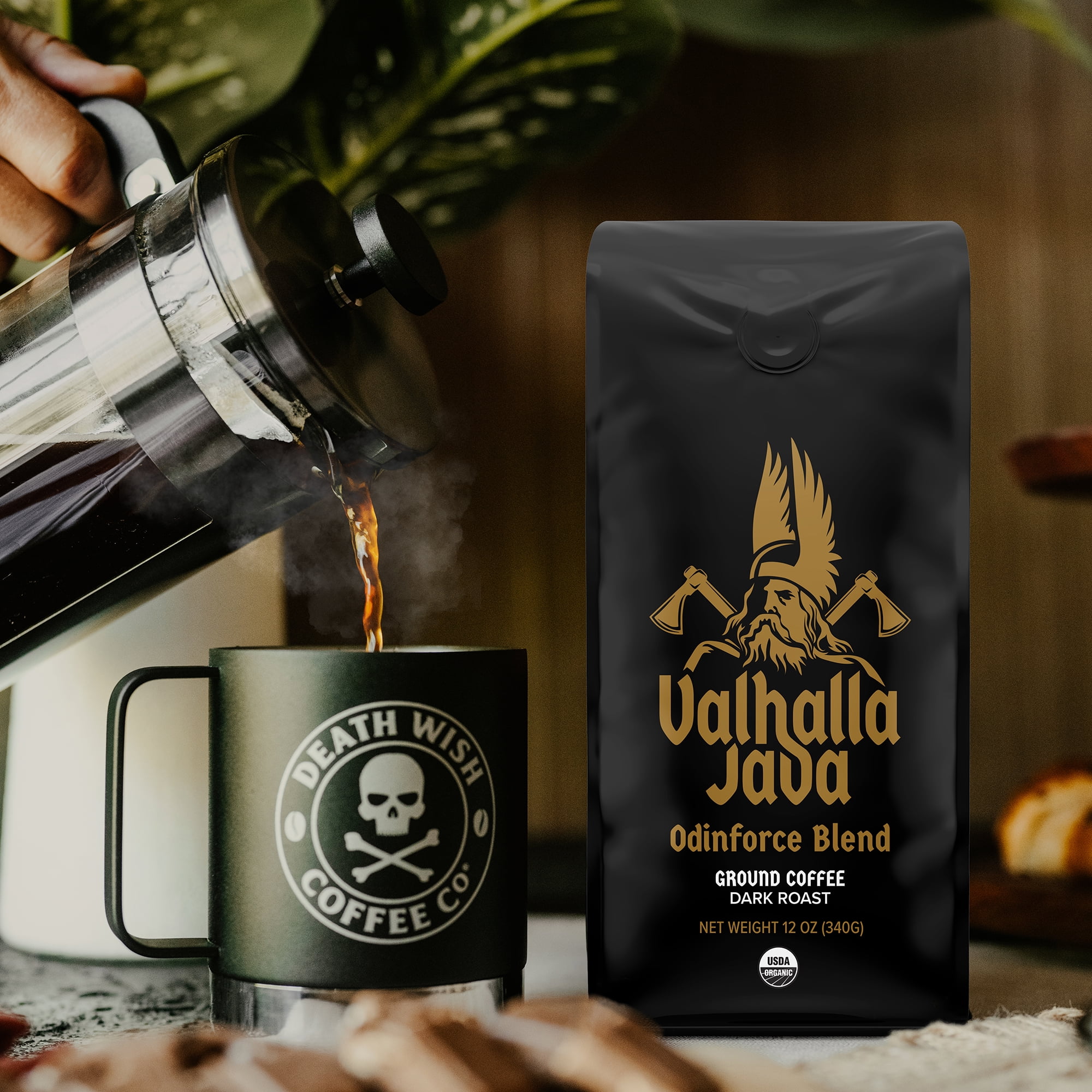 Valhalla Java Odinforce Blend Ground Coffee, USDA Organic and Fair Trade, Medium Roast, Bold Arabica Robusta, 12 oz (2-Pack)