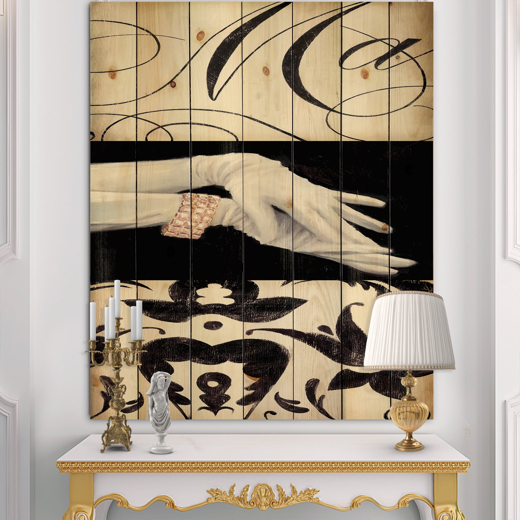 Designart 'Black And White Fancy Glamorous Gloves ' Fashion Print on Natural Pine Wood