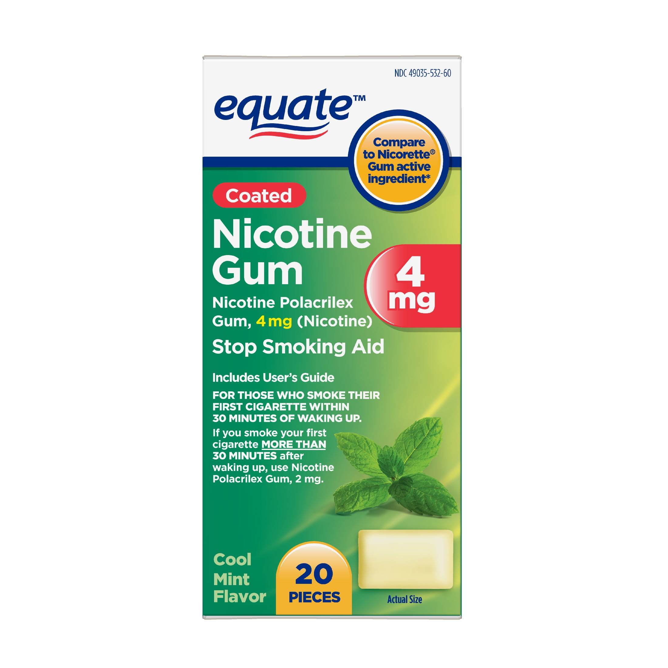 Equate Nicotine Coated Gum 4 mg, Stop Smoking Aid, Mint Flavor, 20 Count