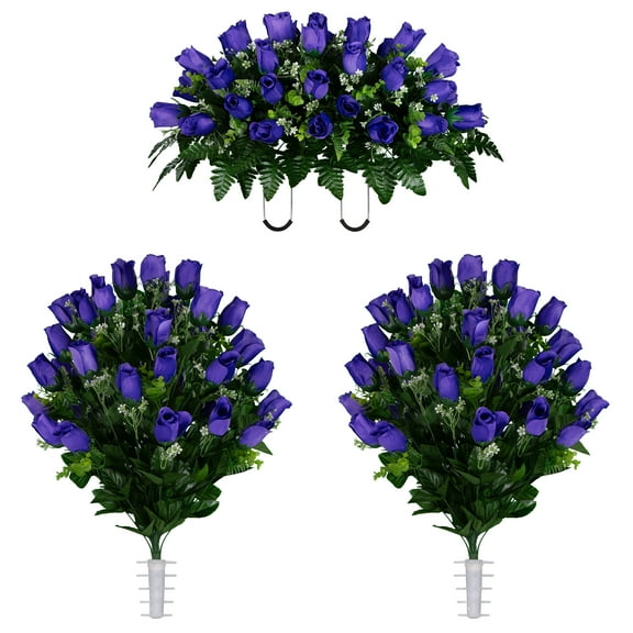 Sympathy Silks Artificial Cemetery Flowers Purple Rose Buds Two Bouquets & Saddle