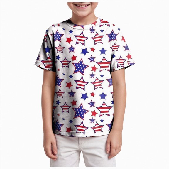 Ymyiu Kids T Shirts Toddler Baby Boy 4th of July Short Sleeve American Flag Smocked T-Shirt Elastic Waist Summer Clothes Size 6-7 Years(White, 6-7 Years)