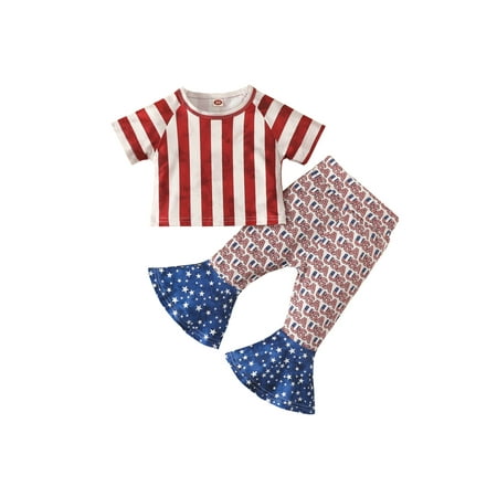 

Sunisery Baby Girls Independence Day Outfits Striped Short Sleeve T-shirt Flared Pants 4th of July Clothes Red 2-3 Years