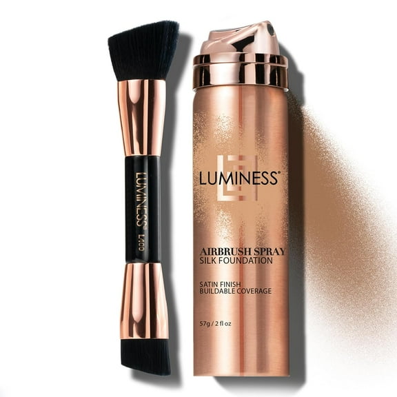 LUMINESS Silk Airbrush Spray Foundation & Buffing Brush Kit – Full Coverage Foundation & Dual-Sided Buffing Brush - Buildable Coverage, Anti-Aging Formula Hydrates & Moisturizes (Shade - Deep)
