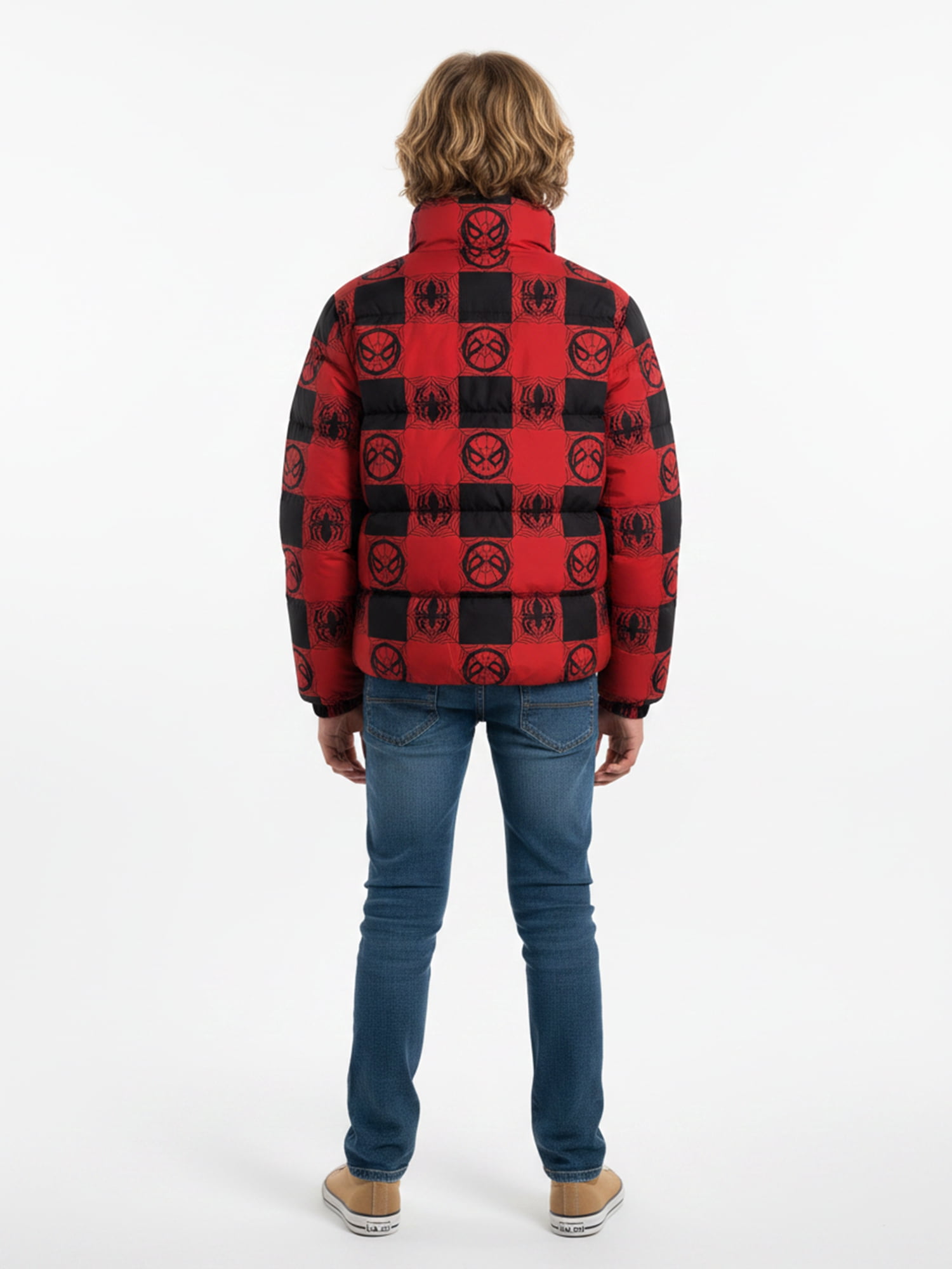 Boys’ Spider-Man Allover Logo Print Puffer Jacket, Red, Sizes XS–XL