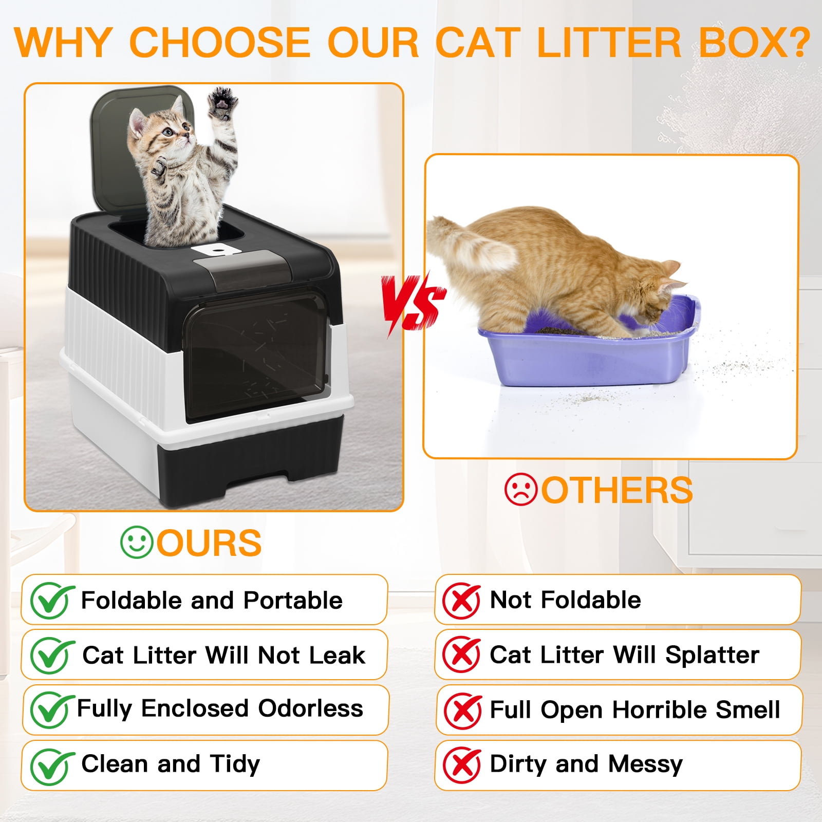 PHANCIR Enclosed Cat Litter Box, Foldable Lightweight with Litter Scoop, Easy to Clean, Black
