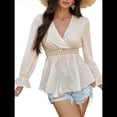 thumbnail image 3 of Blusa Cruzada con Cuello en V y Mangas Largas Abullonadas para Mujer, Camiseta Informal con Dobladillo con Volantes para y Verano. Albaricoque S, 3 of 10