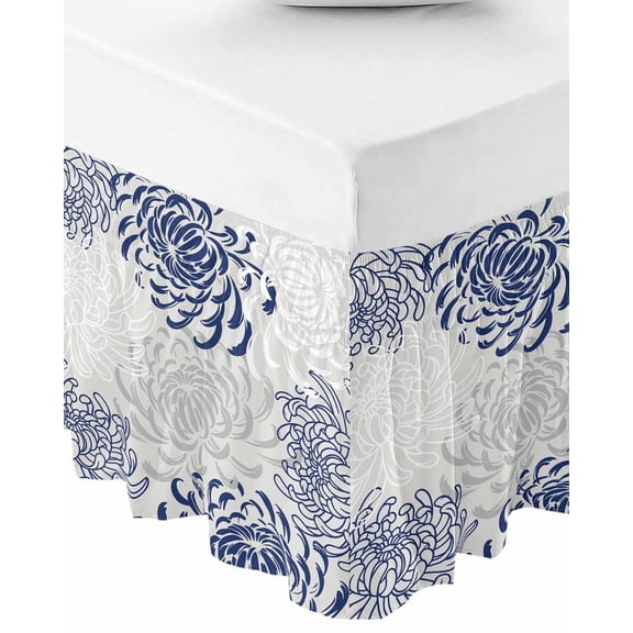 Blue White Wrap Around Bed Skirts for Queen Bed 18" Drop,Bed Skirt with Adjustable Elastic Belt Dust Ruffle Bed Valance for Bedroom Hotel Abstract Grey Chrysanthemum Flower Floral Bed Frame Cover