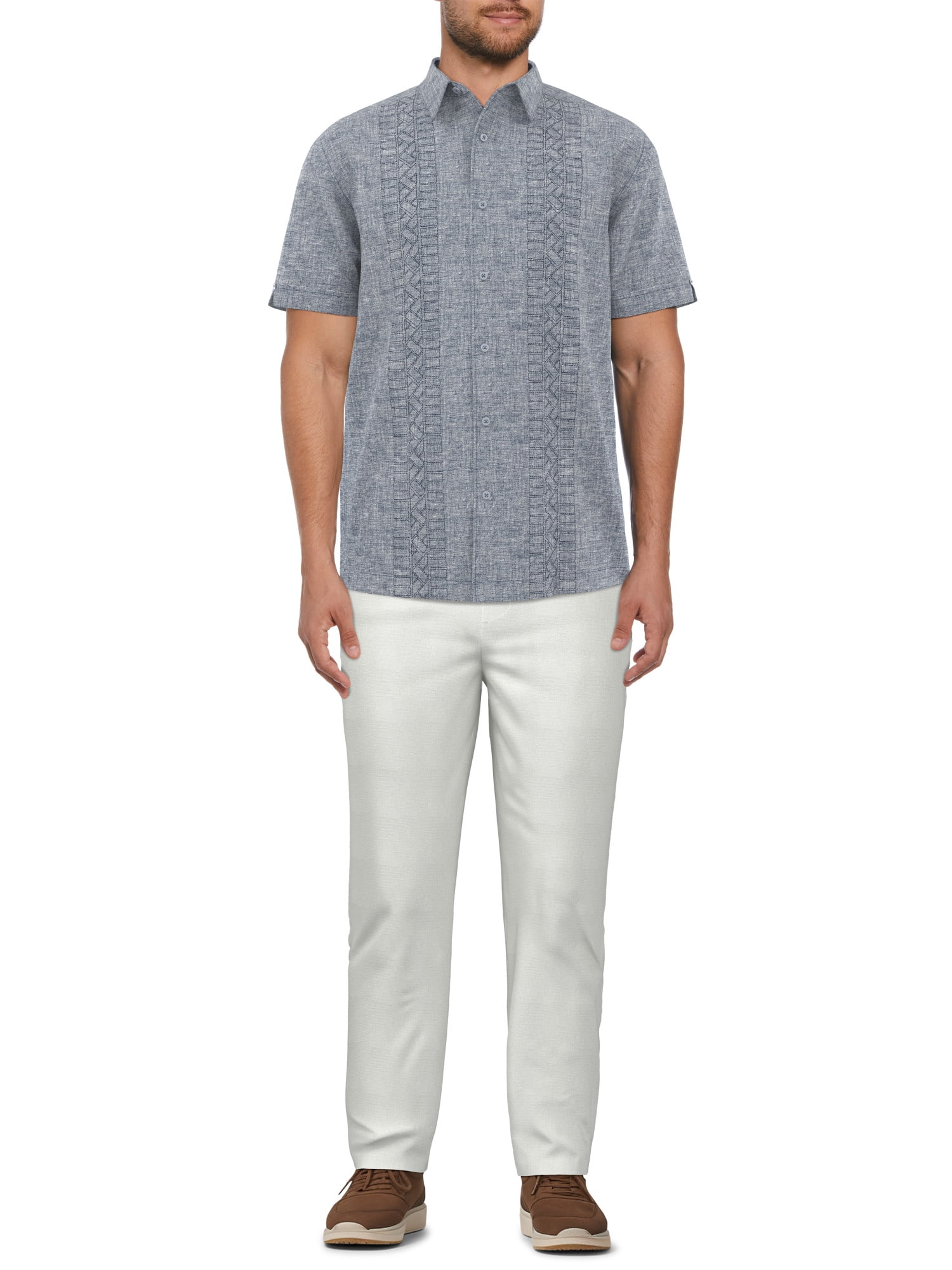 Cafe Luna Men’s Linen Blend Crossed Geo Print Panel Short Sleeve Shirt, up to Size 5XL