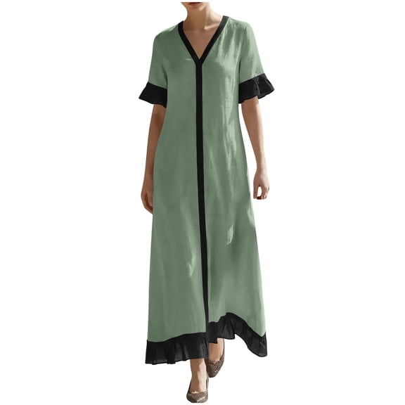 Womens Color Block Elegant Summer Linen Maxi Dresses, Loose V Neck Ruffle Hem Short Sleeve Wedding Guests Dresses