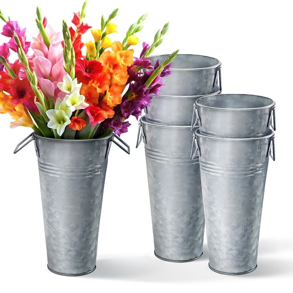 Plexon 9" Tall Galvanized Metal Vase with Handles for Flowers, Set of 6