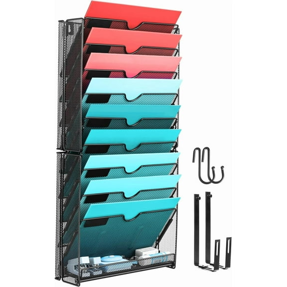 Wall File Organizer, 10 Pockets Mesh Hanging File Organizer, Wall Mount File Holder With Hooks, Wall Organizer Magazine Rack for Office Supplies, Black