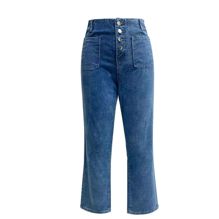 vbnergoie Women High Waist Loose Pocket Blue Solid Color Print Jeans Pants Pant  Stretchers for Jeans for Women Juniors Straight Leg Jeans 